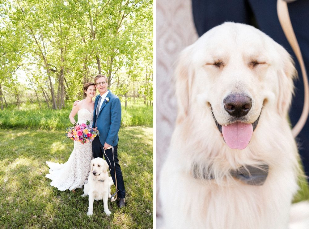 Portrait of a bride and groom and their dog (serving as their best man) before the start of their wedding in Boulder, Colorado.