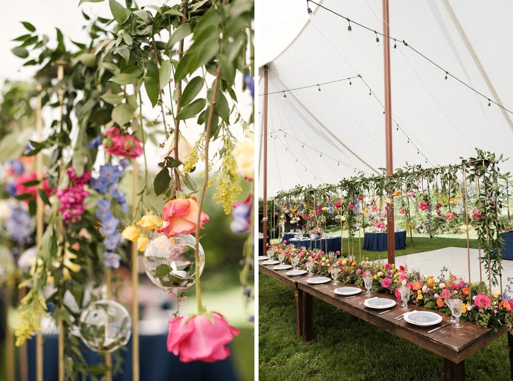 Reception flowers and decor by Lumme Creations at a summer wedding in Boulder.